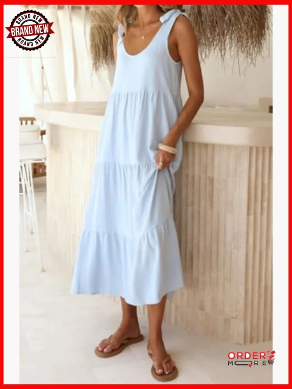 Tie Shoulder Linen Cotton Sundress Sleeveless Tiered Ruffle Midi Dress with - Picture 3 of 6